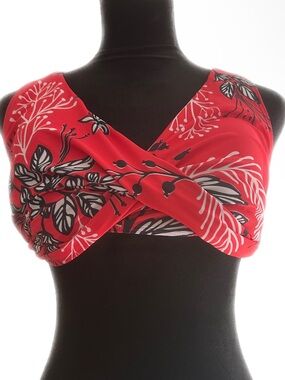 Red & Black Tropical Print Wrap Bikini Top